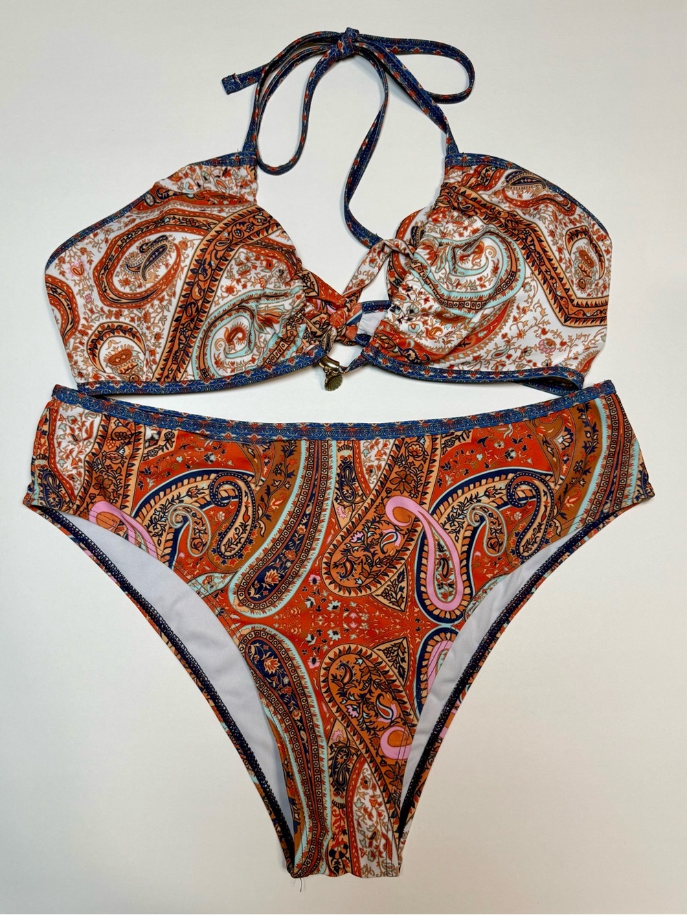 Zaful Paisley Print Halter Bikini Swimsuit Bathing‎ Suit Shell Charm Size 8-10